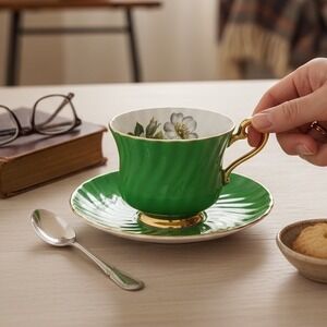 Vintage Sutherland HSM Bone China Teacup Emerald Green Floral Made in England